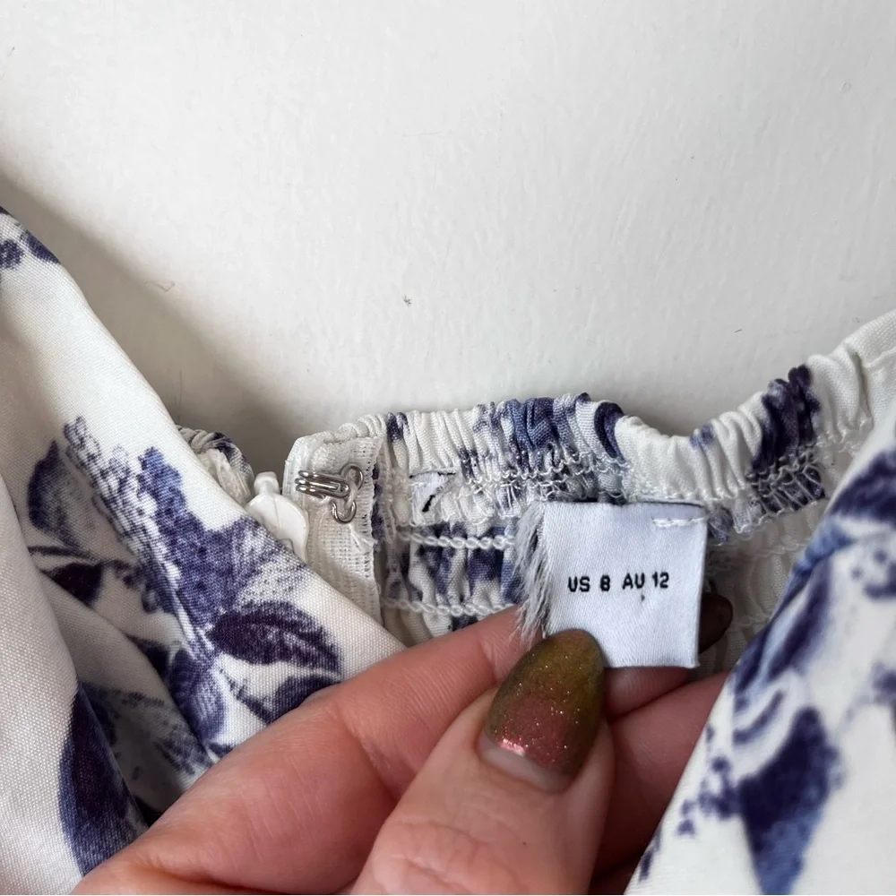 Petal & Pup Azelia White Blue Floral Tie Shoulder Midi Dress 8 - Picture 8 of 10